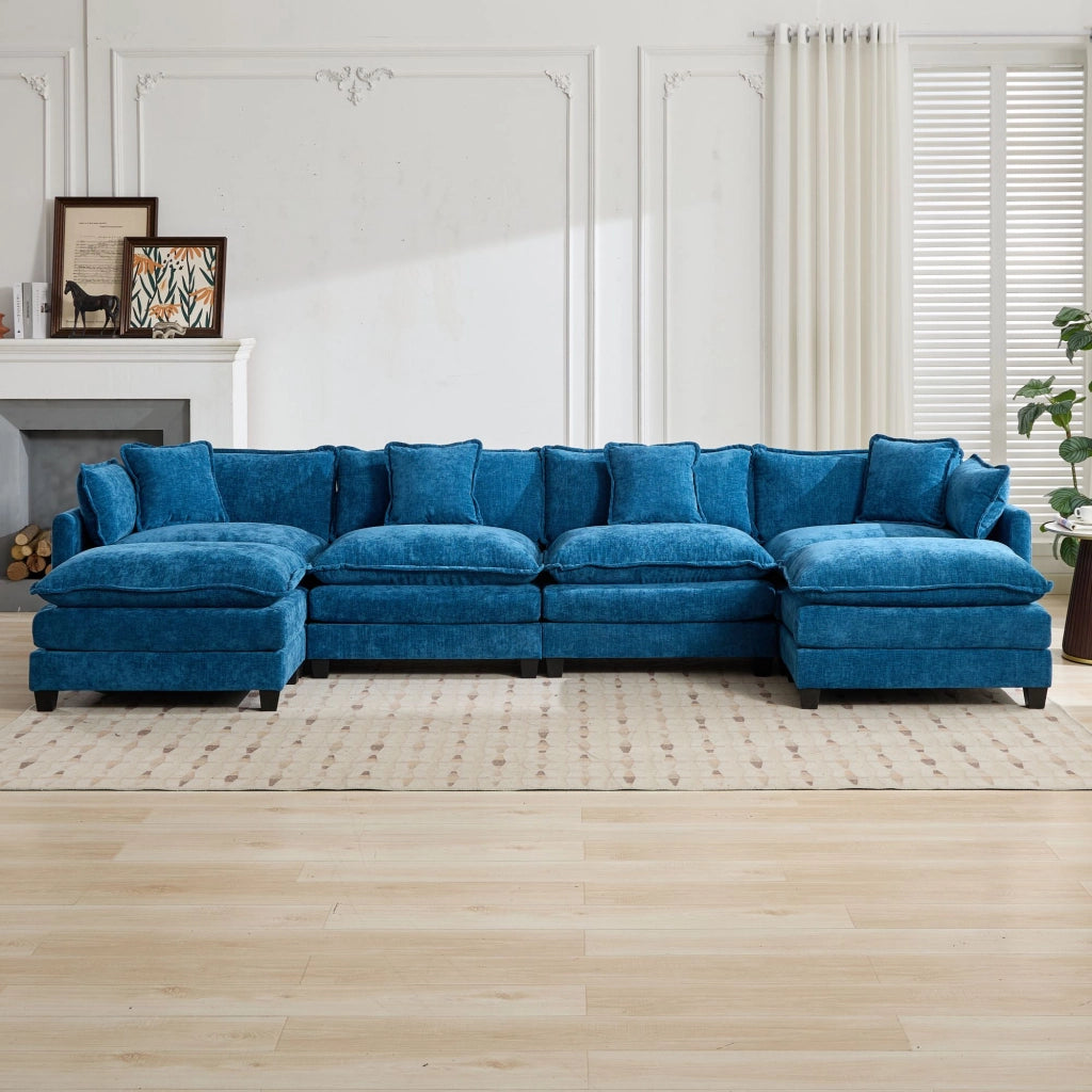Divano modulare 4 posti con cuscini ergonomici e seduta imbottita in tessuto chenille blu 75 × 380 × 84 cm