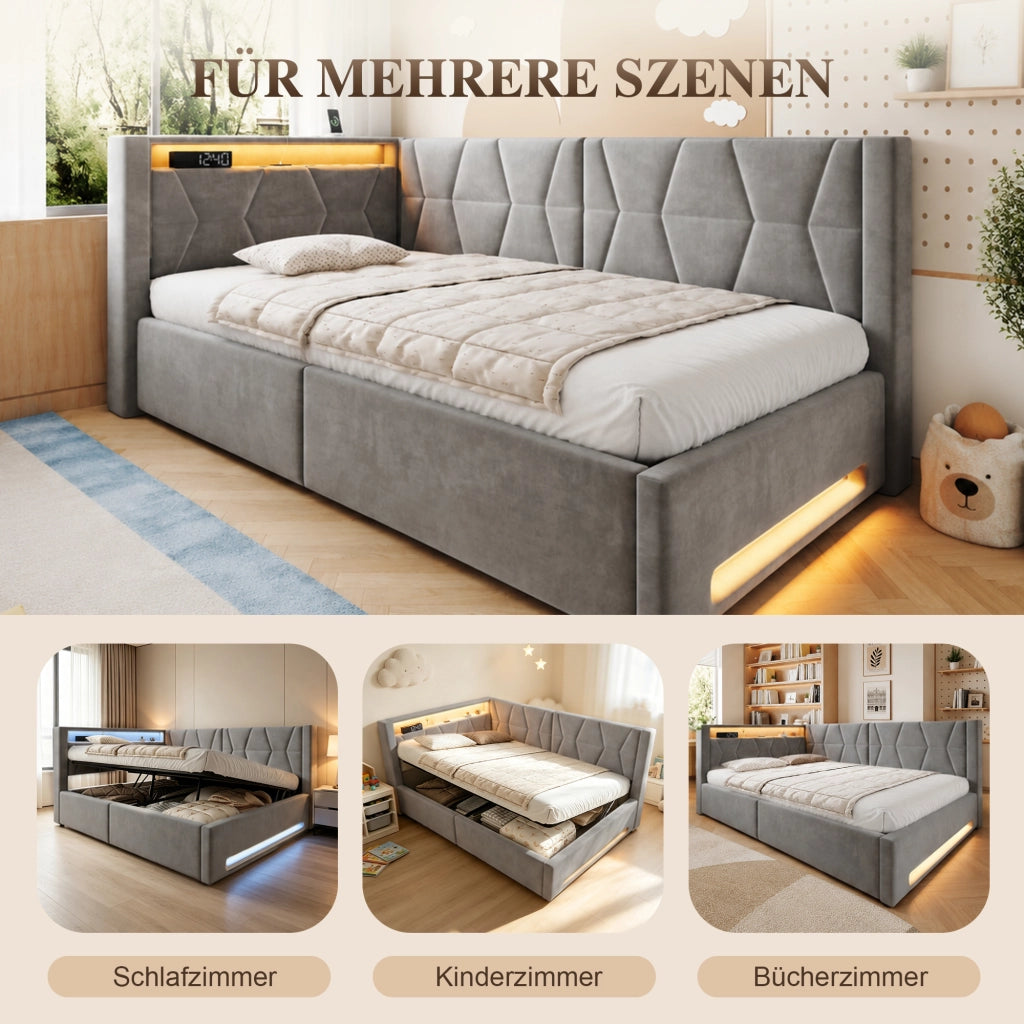 LETTO Contenitore 90x200 cm in velluto grigio scuro con LED, USB e Type-C
