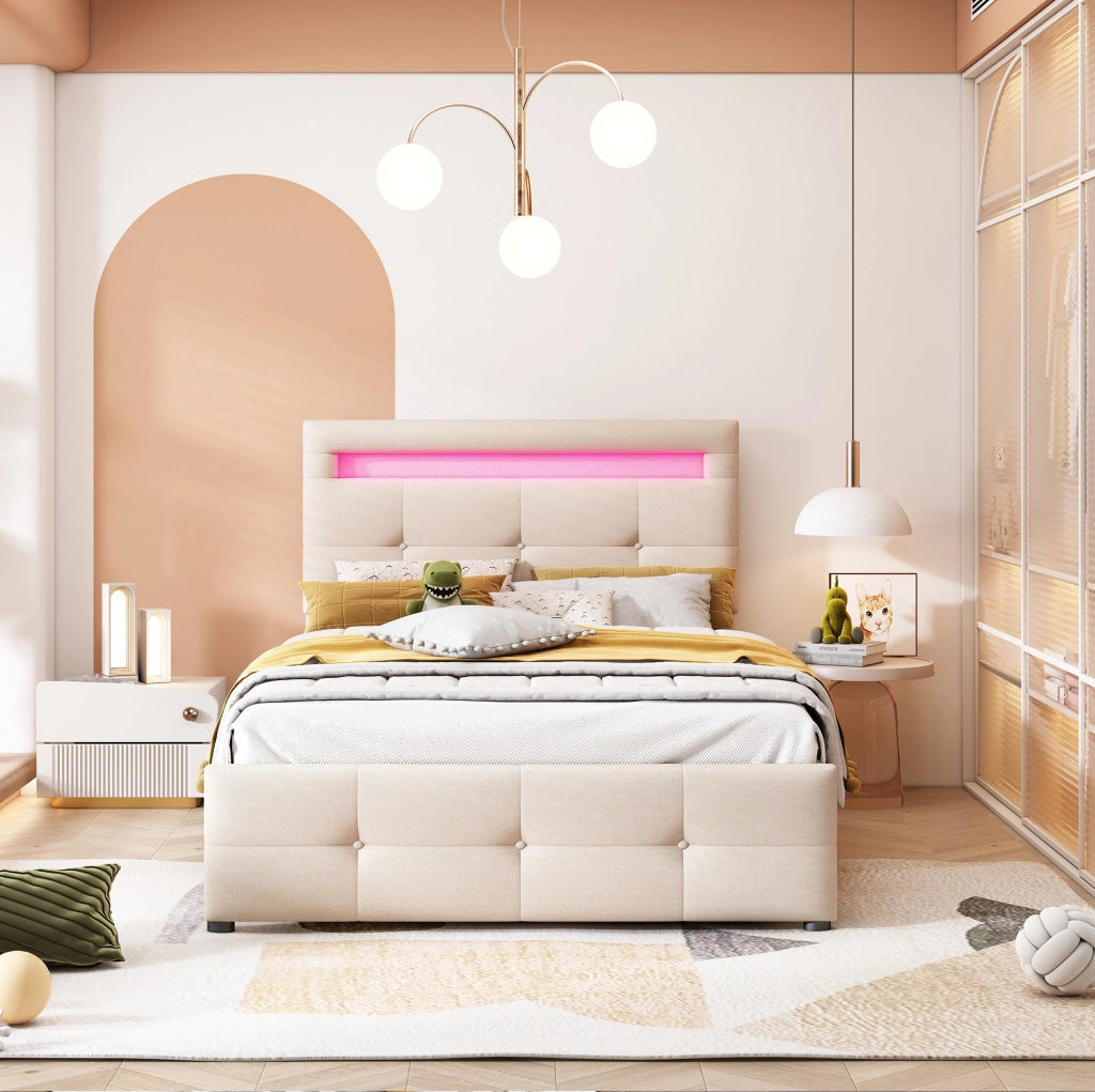 Letto singolo imbottito beige con LED e 2 cassetti