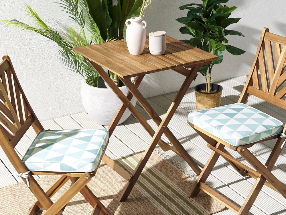 Set di 2 cuscini per sedia da giardino azzurro e bianco 37 x 34 cm motivo a strisce per esterno legami resistenti ai raggi UV
