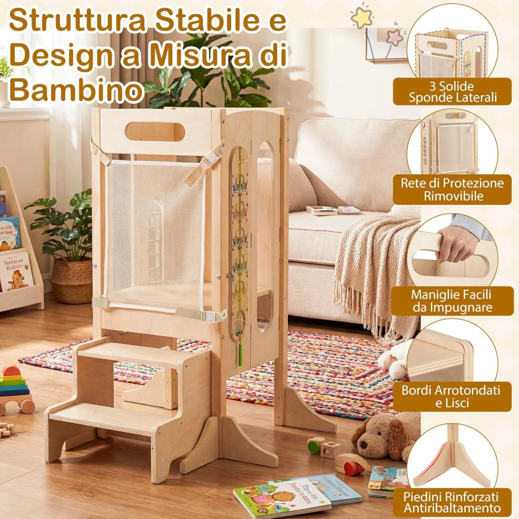 Torre Montessoriana Pieghevole per Bambini, Sgabello da Cucina in Legno con 2 Scalini e Rete Sicurezza, Torre di Apprendimento Montessoriana con Lavagna e Giochi Sensoriali per Bambini 3+ Anni