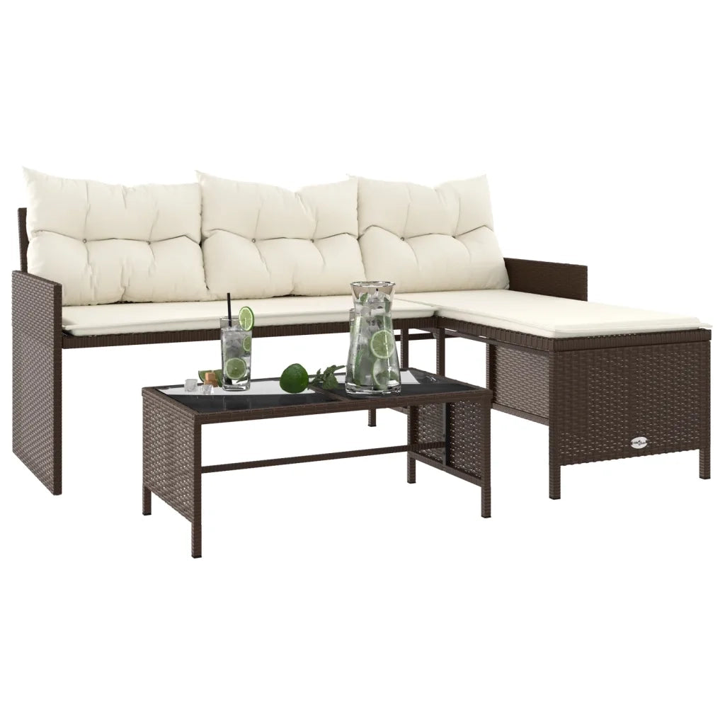 Divano da Giardino con Tavolo e Cuscini a L Marrone Polyrattan 365573