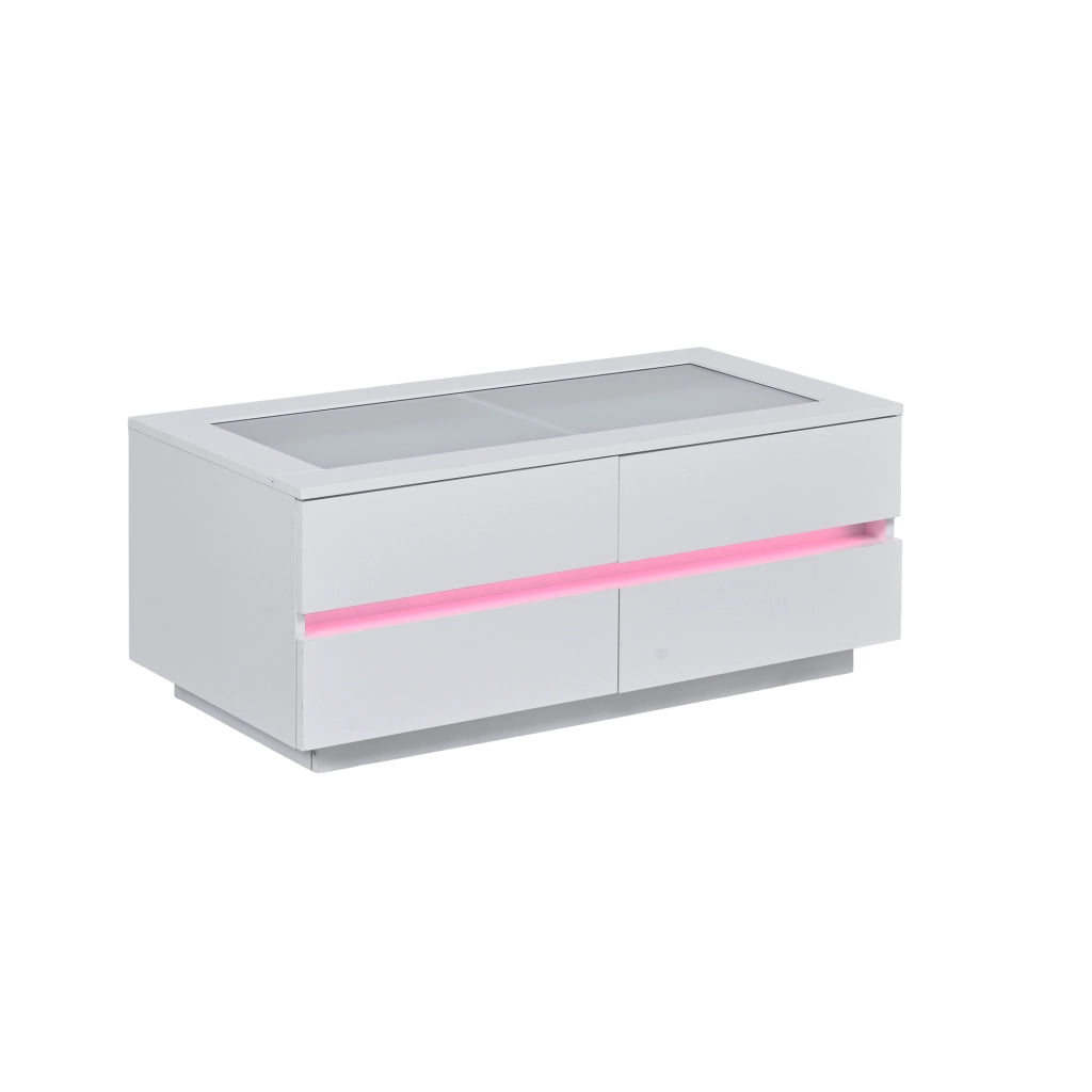Tavolino da caff¨¨ bianco 100x50x40 cm con 4 cassetti, piano in vetro temperato, illuminazione LED e frontali lucidi