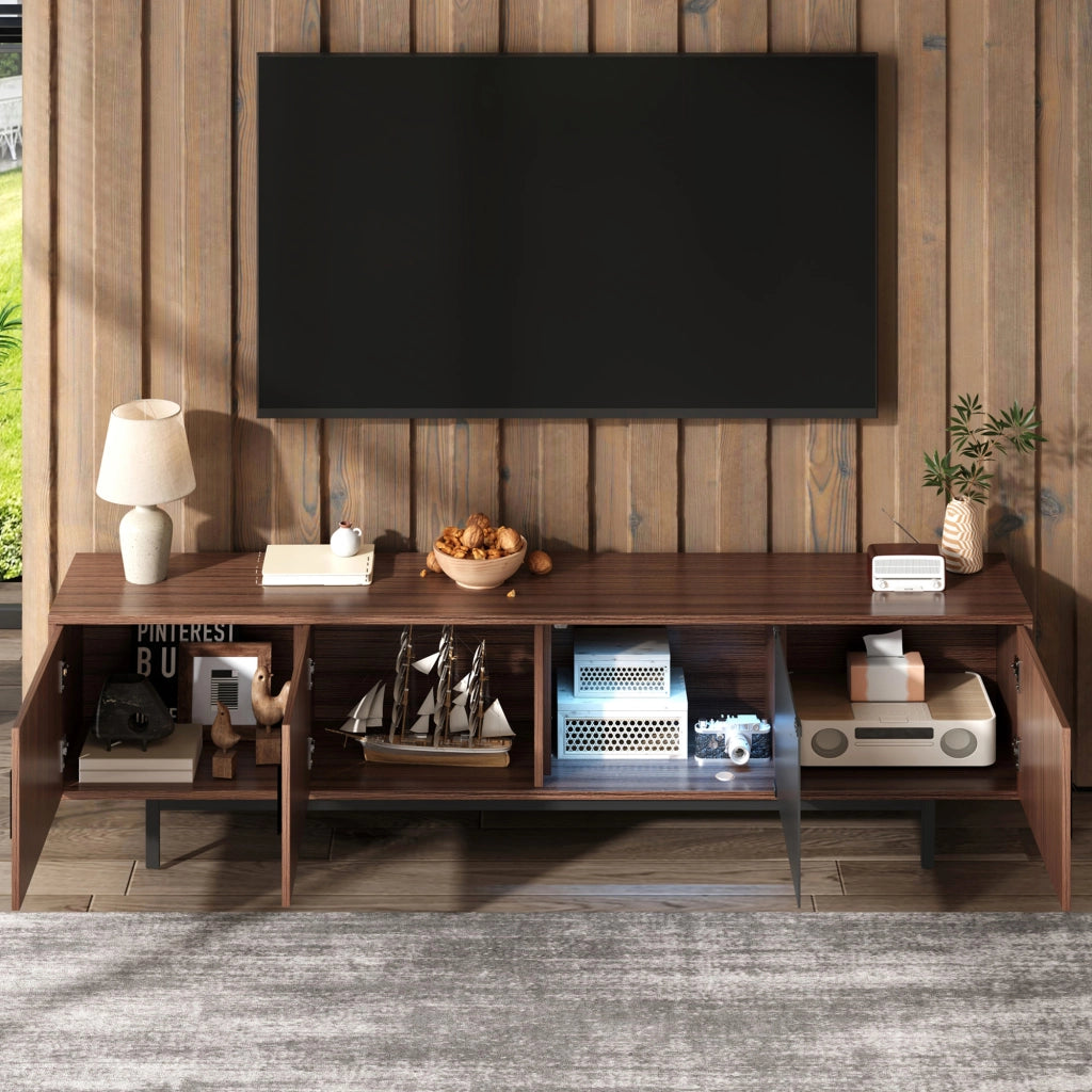 OKWISH Mobile TV con 2 Ante in Vetro Temperato e LED, Stile Moderno, MDF, Nero e Noce, 200 x 35 x 53 cm