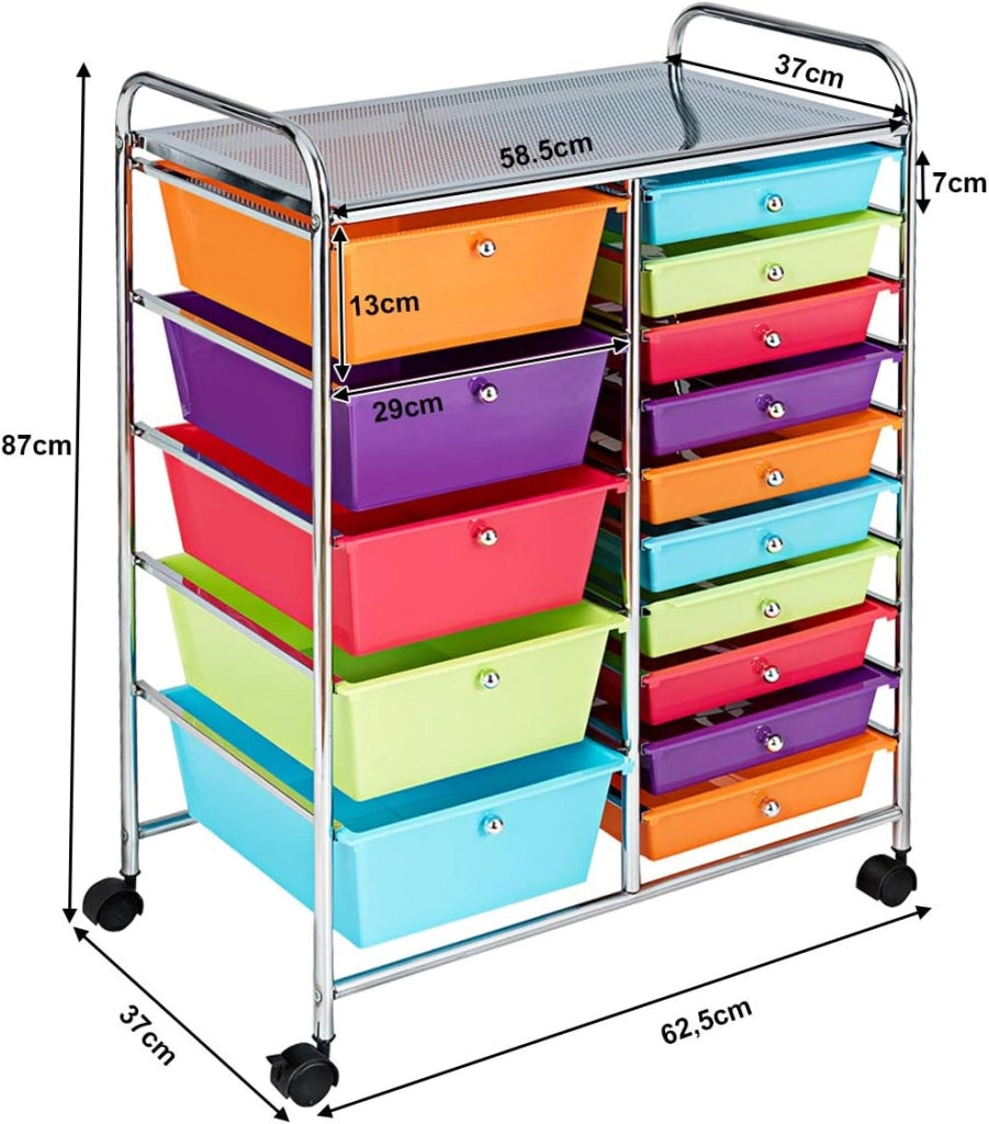 Carrello con 15 Cassetti Impilabili, Carrello di Stoccaggio con Ruote, Carello Portaoggetti per Casa e Ufficio, 62,5 x 37 x 87 cm (Vivace)