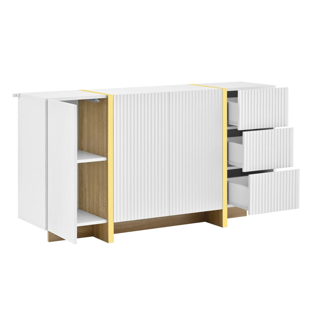 Combinazione mobile TV e sideboard ULEVR bianca con frontali scanalati, cassetti e vani chiusi, 190 cm