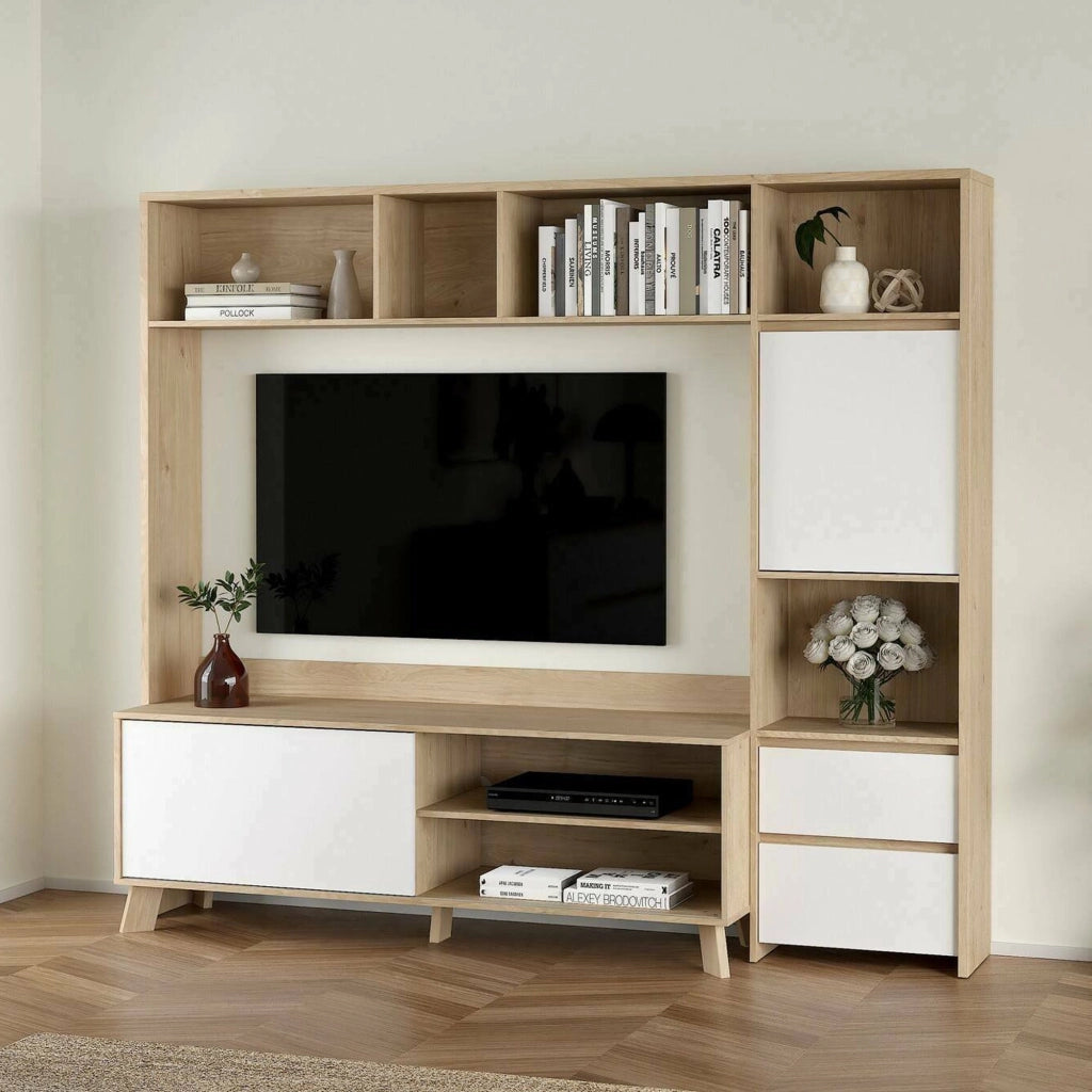 Mobile porta TV Calabria, Credenza da soggiorno, Armadio basso per TV, Base parete attrezzata, 209x48 h183 cm, Rovere e Bianco lucido