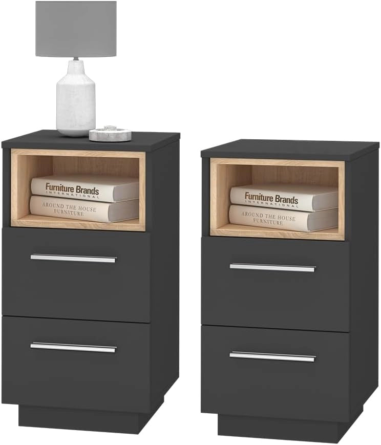 Comodini camera da letto Beatrice, Antracite, Set di 2, per riporre oggetti in modo salvaspazio accanto al letto