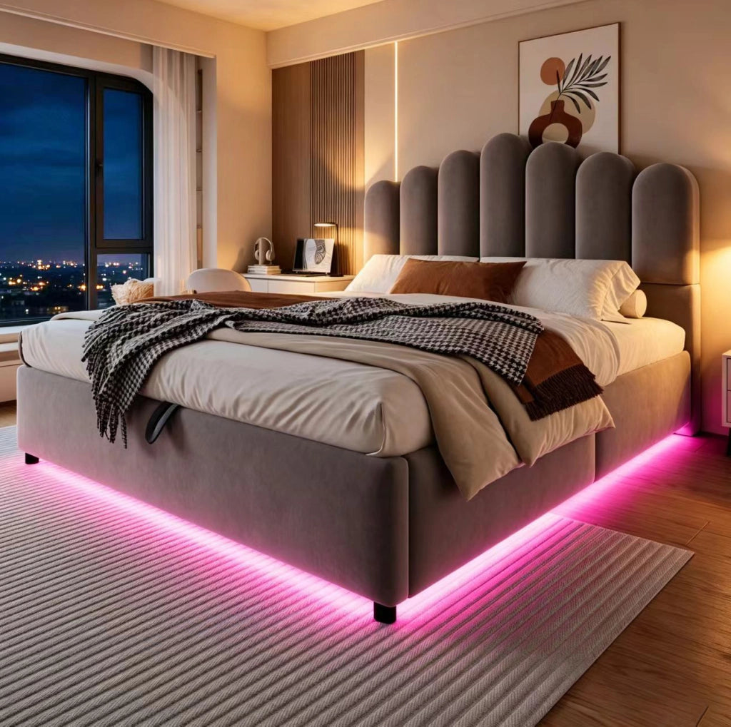 Letto imbottito contenitore 140x200 cm in velluto grigio con LED e testiera imbottita