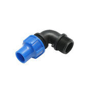 Gomito di raccordo a compressione con filettatura esterna D16mmx3/4 per sistemi di irrigazione