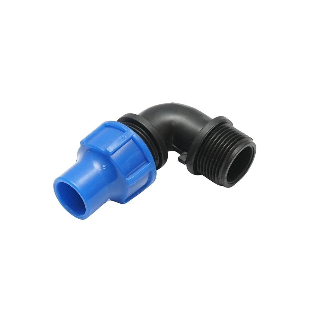 Gomito di raccordo a compressione con filettatura esterna D16mmx3/4 per sistemi di irrigazione