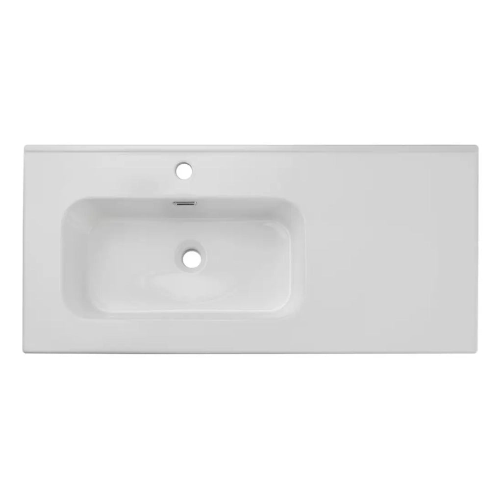 Lavabo da incasso ESSEN 100 cm in ceramica bianca lucida decentrata a sinistra