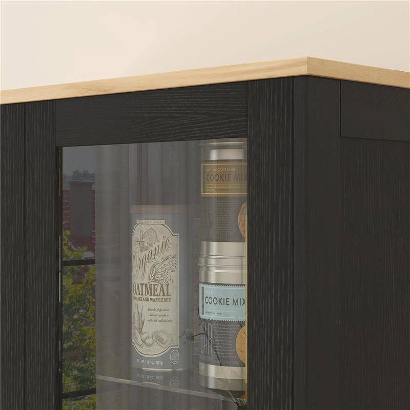 MOBILE DISPENSA CUCINA IN LEGNO A 9 RIPIANI REGOLABILI CON ANTE IN VETRO 76X36X160 CM NERO E COLOR LEGNO
