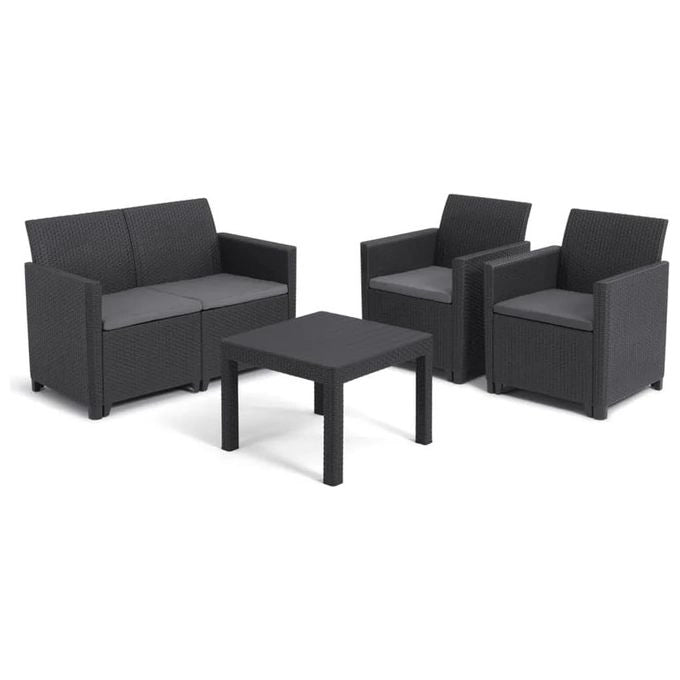 Keter Salottino Marie Lounge Set con Cuscini, Poltrone 65x63x74h Divano 113x65x74h Tavolino 58,5x58,5x43h Grafite