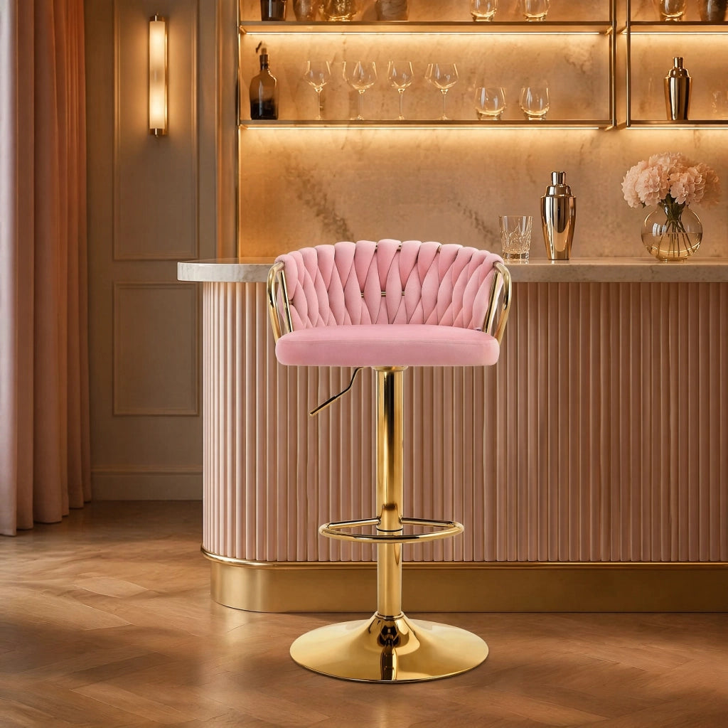 Sgabello bar girevole in velluto rosa con schienale, braccioli e altezza regolabile 77-98 cm