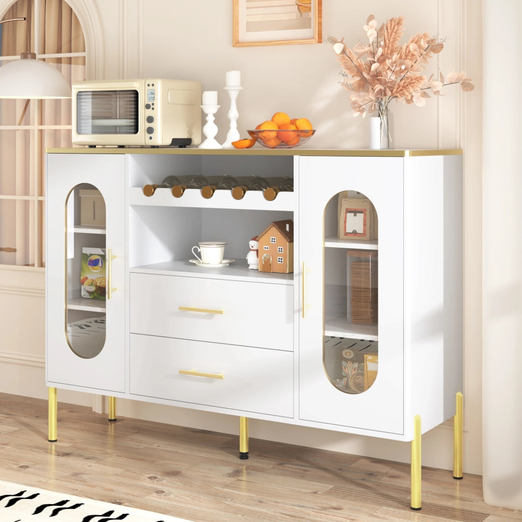 Credenza con 2 Ante in Vetro; 2 Cassetti e Portabottiglie; Maniglie Dorate; Piede Regolabile; in MDF; 120??38??90 cm; Bianco