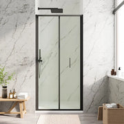 Porta doccia 90cm con apertura a libro profili slim nero opaco vetro 6mm trasparente h190 | Portofino