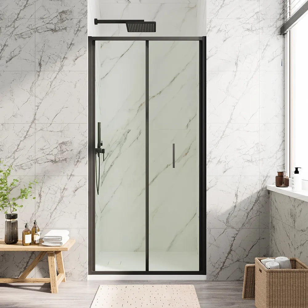Porta doccia 90cm con apertura a libro profili slim nero opaco vetro 6mm trasparente h190 | Portofino