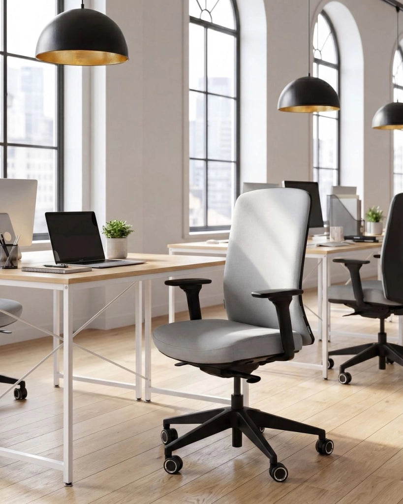 Sedia da ufficio ergonomica con schienale regolabile, seduta scorrevole, braccioli regolabili e supporto lombare grigio