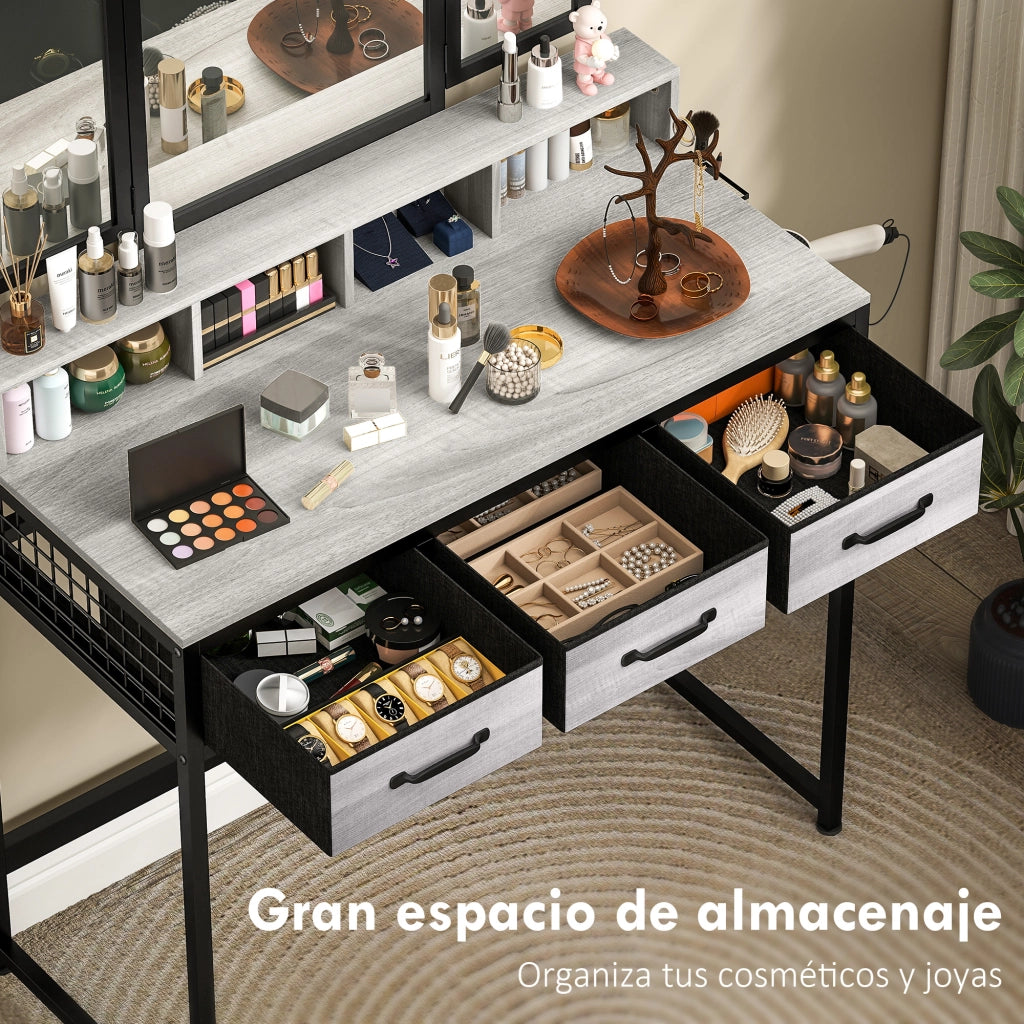 Cassettiera da trucco con specchio trittico e sgabello ¨C zephmum ¨C grigio tessuto 3 cassetti
