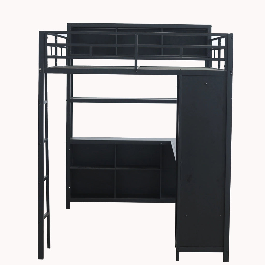 OKWISH Letto a Soppalco 140×200 cm, Letto Matrimoniale con Scrivania, Doppio Spazio Contenitore, Armadio e Vano Contenitore, senza Materasso, Nero