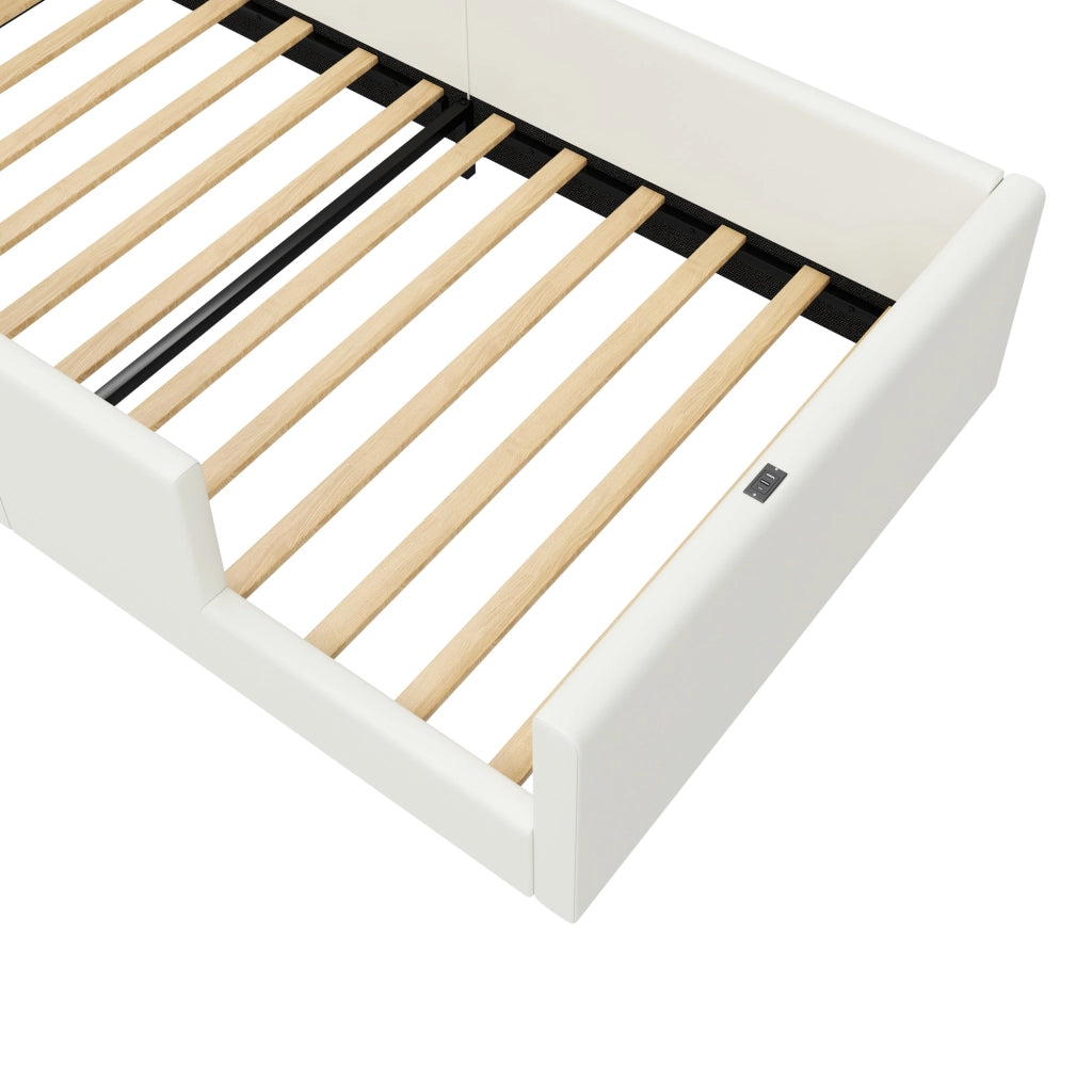 Letto singolo imbottito 90×200 cm con barriera di sicurezza, porte USB e USB-C, senza materasso, bianco