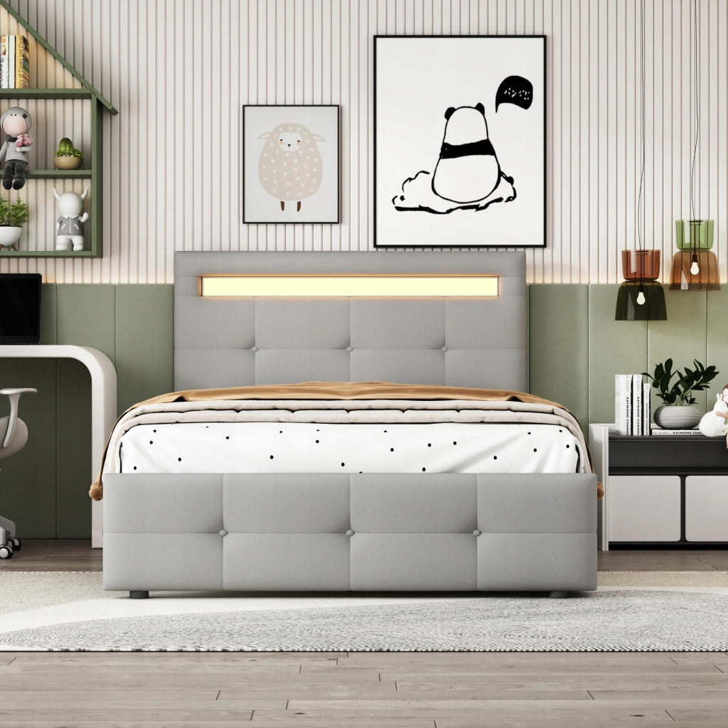 Letto singolo LED con 2 cassetti - Xylo - 90x200 cm, grigio, per bambini