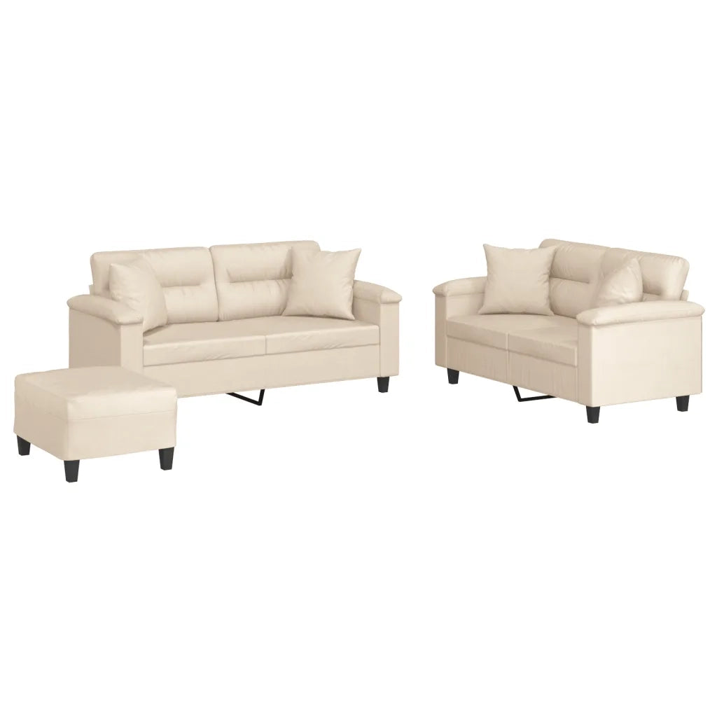 Set Divani 3 pz con Cuscini Beige in Tessuto Microfibra