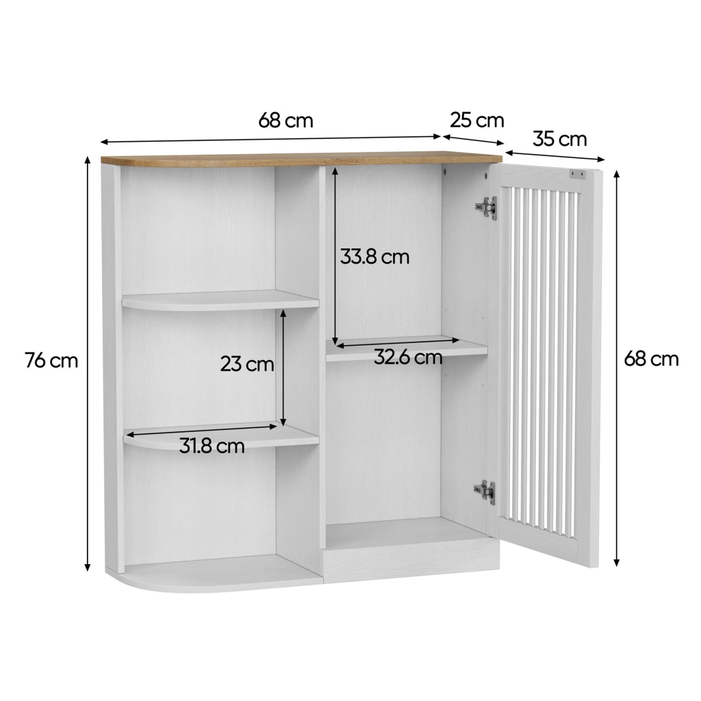 Mobile angolare salvaspazio con ripiani aperti e vani chiusi, bianco effetto rovere, in MDF
