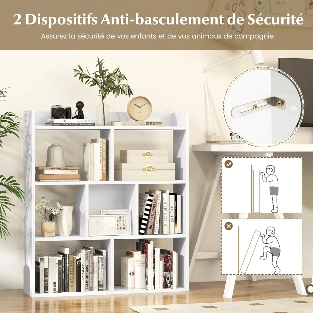 Libreria, scaffale con 7 cubi, divisorio con protezioni antiribaltamento, mensola cubo per camera da letto, ufficio, soggiorno, 80 x 20 x 90 cm (bianco)