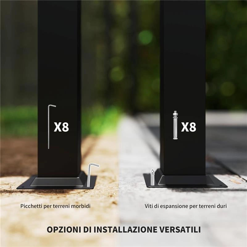 GAZEBO PERGOLA 3X3 M CON TETTUCCIO RETRATTILE 8 VITI E 8 PICCHETTI IN POLIESTERE 180G E METALLO BIANCO CREMA