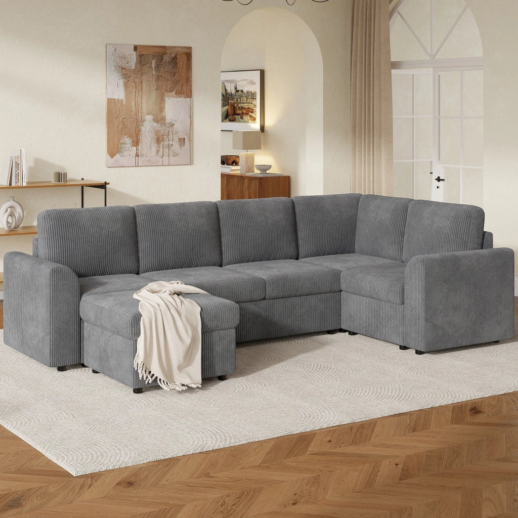Divano Angolare con Poggiapiedi ¨C MINIMAL ¨C Velluto a Coste Grigio, 282x153x85 cm