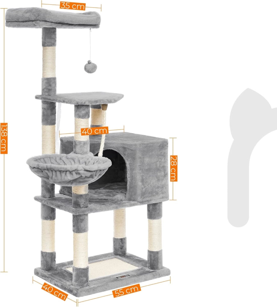 Feandrea Albero per Gatti Alto 138 cm, Tiragraffi per Gatti, con Base e 9 Pali Graffiatoi, 1 Piattaforma, 1 Grotta, 1 Amaca, 1 Pompon, 1 Corda, in Peluche a Più Livelli, Grigio Chiaro PCT60W