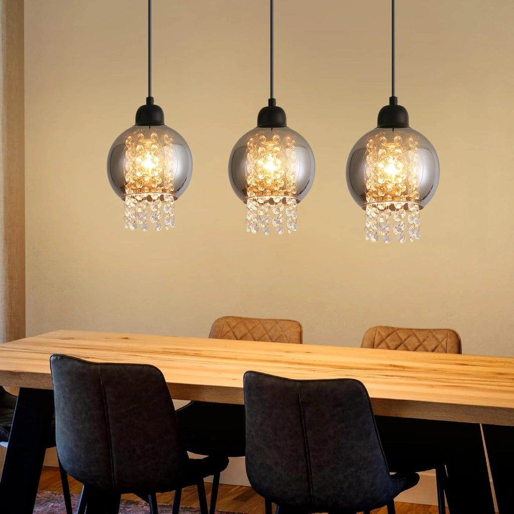 Lampada a sospensione ZMH per sala da pranzo 3 fiamme E27 cristallo Ruachgrau Lampada a sospensione per camera da letto