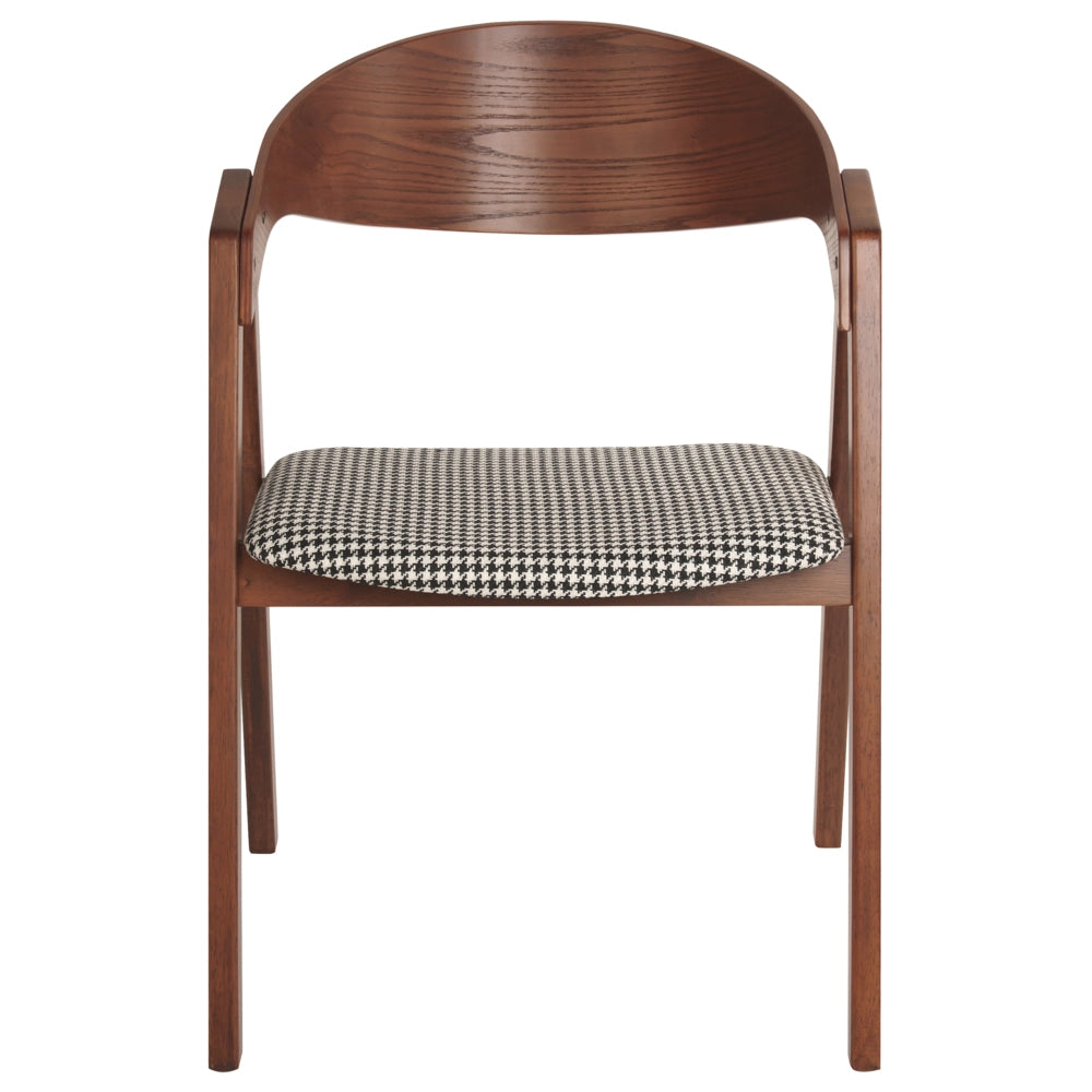 Set di 2 sedie da pranzo in legno scuro, compensato, bianco e nero, tessuto poliestere, pied de poule, gambe in legno di gomma, stile retrò e tradizionale.