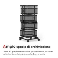 Carrello Portavivande con 4 Cestelli, Piano d'Appoggio e Ruote, in Acciaio e PP, 33x33x77 cm