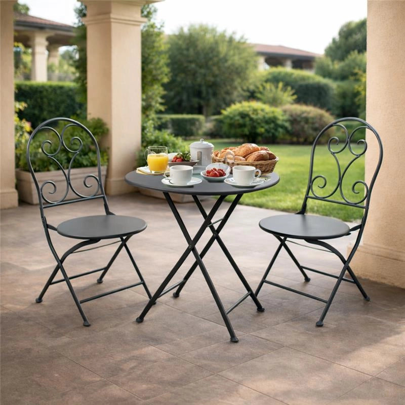 SET TAVOLO + 2 SEDIE IN METALLO GRIGIO SCURO PIEGHEVOLE PER GIARDINO