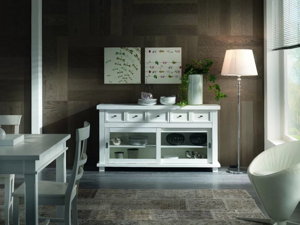 Madia credenza in legno massello 2 ante scorrevoli bianco opaco l.160 p.45 h.86 - Mobili 2G