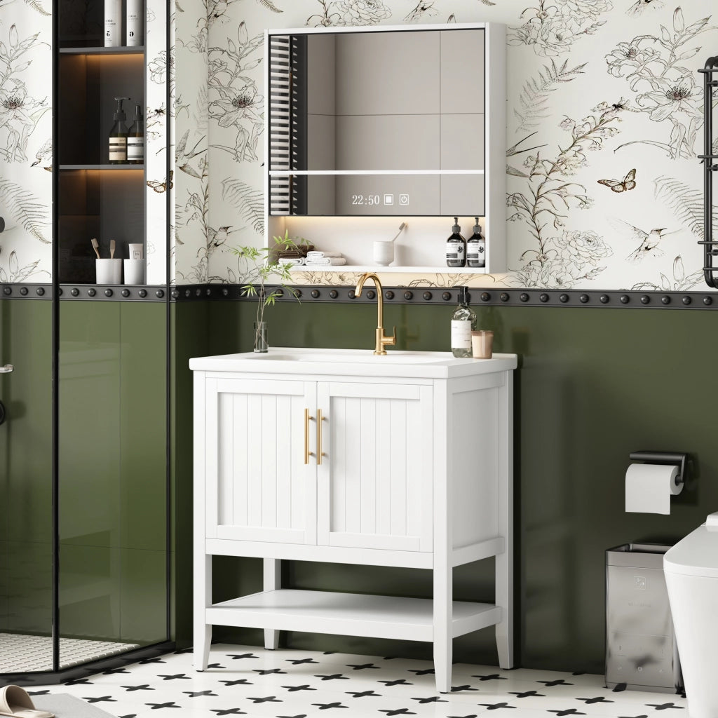 Mobile sottolavabo con lavabo in ceramica e vano inferiore aperto, struttura a pavimento, per bagno, in MDF, bianco