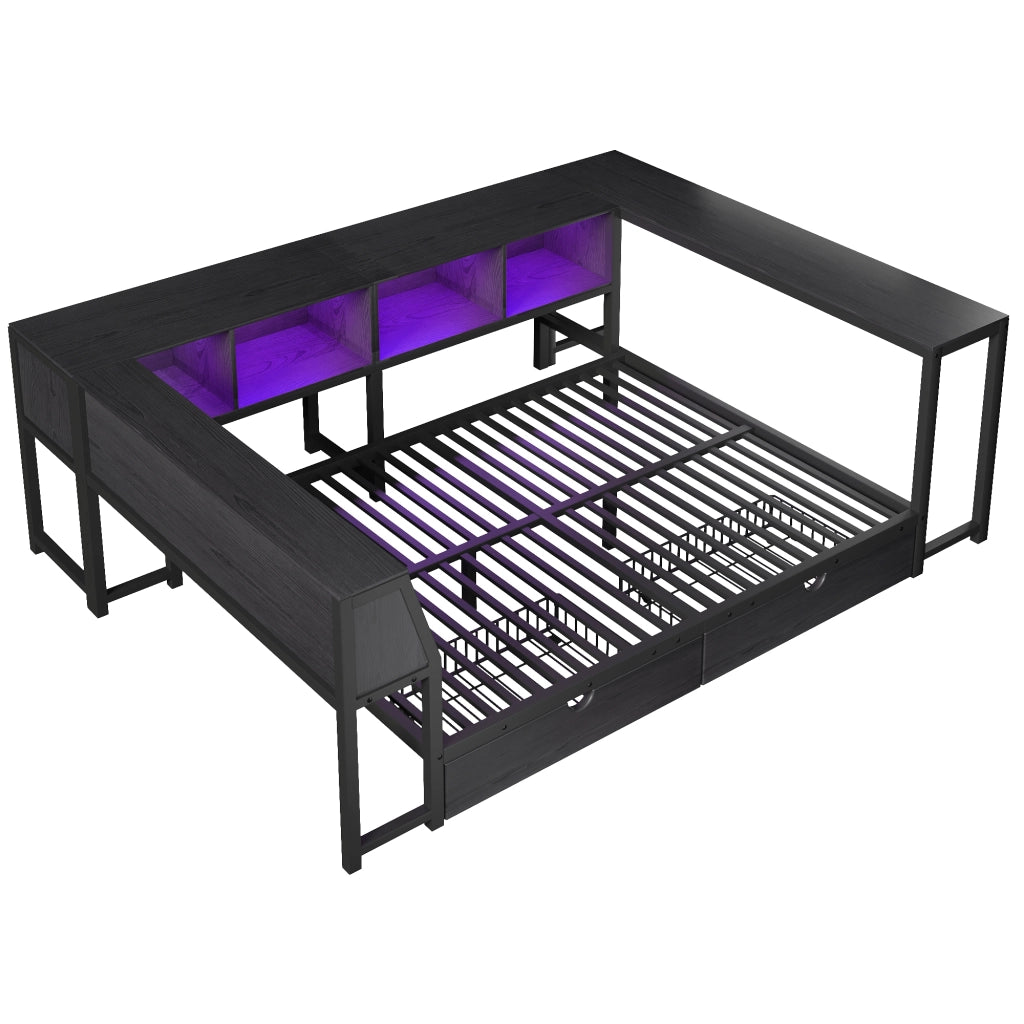 Letto matrimoniale 140 × 200 cm 2 posti con 2 cassetti, LED multicolore e scrivania, senza materasso, nero