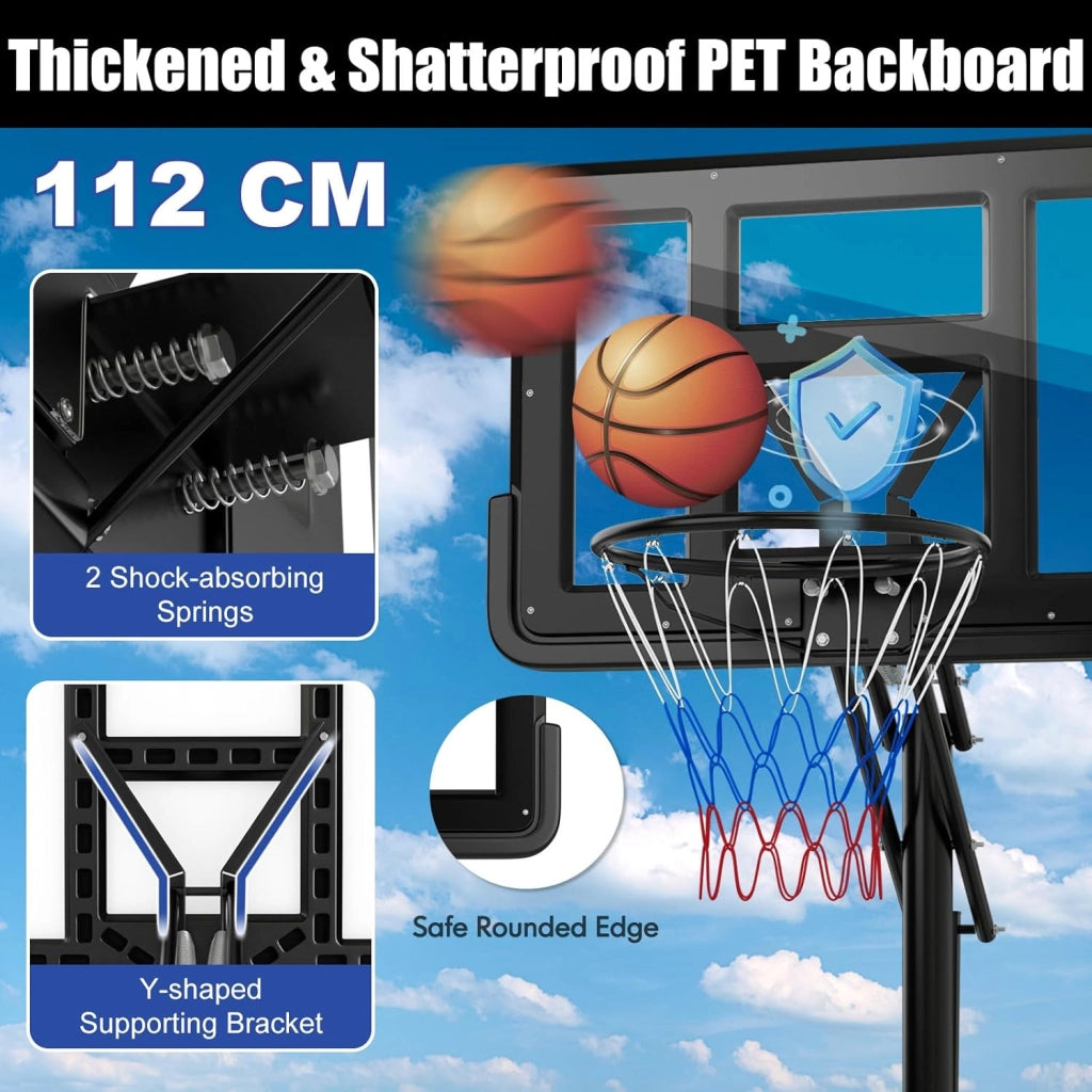 Canestro Basket per Esterno in PE, 10 Livelli di Altezza Regolabile 143-305 cm, Supporto da Basket Portatile con Ruote, Base, Pallacanestro per Interni, per Bambini e Adulti