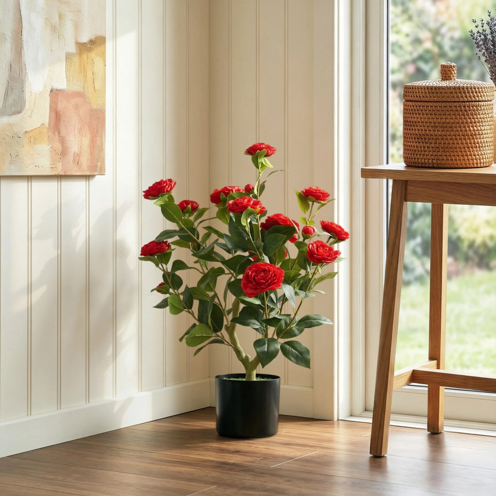 Pianta Artificiale Camelia ¨C Zephmum ¨C 65 cm Rosso con Fiori di Seta
