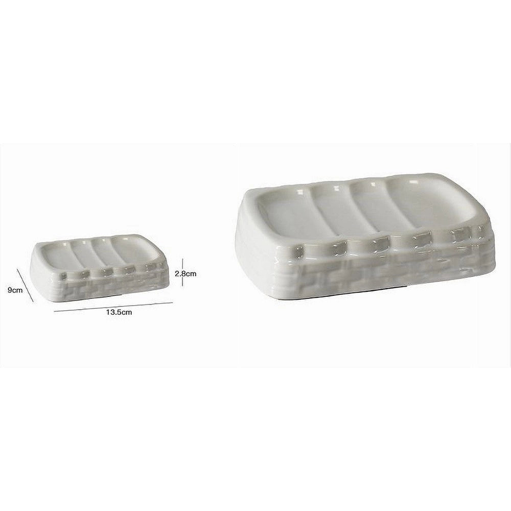 Trade Shop - Porta Sapone Saponetta Stile Vimini Rattan Bianco In Ceramica Arredo Bagno 10349 -
