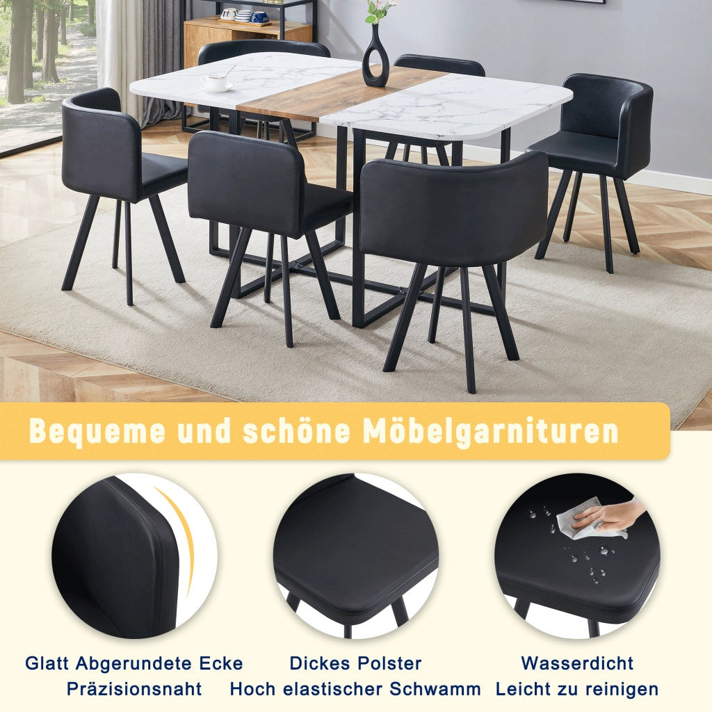 Set tavolo da pranzo allungabile con 4 sedie, struttura in MDF e metallo, bianco, nero e legno naturale per cucina e sala da pranzo