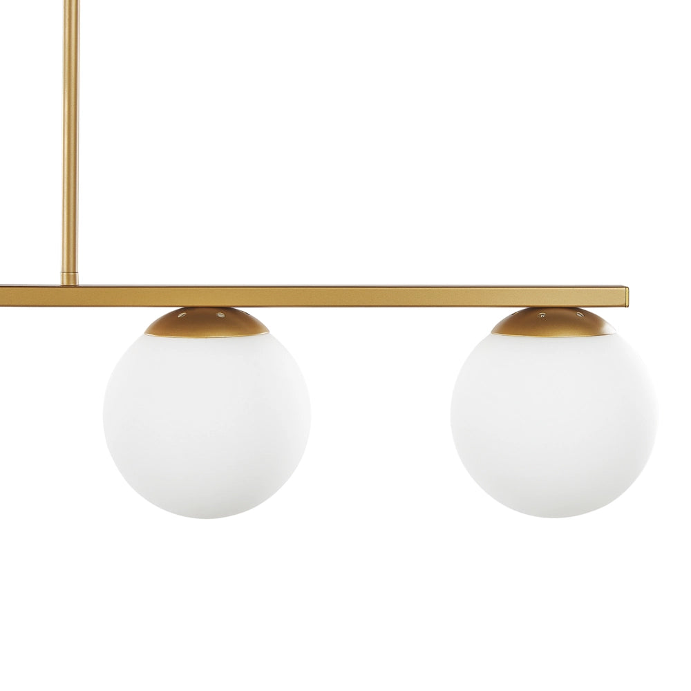 Lampada a Sospensione Metallo dorato 62 cm 5 Luci Binario Sferico Paralumi Vetro Bianco Glamour Design Cucina Sala da Pranzo