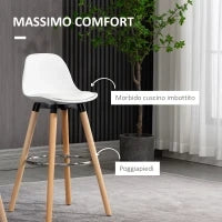 Set 2 Sgabelli da Bar Stile Nordico con Schienale, Cuscino e Poggiapiedi, Legno e Plastica, Bianco