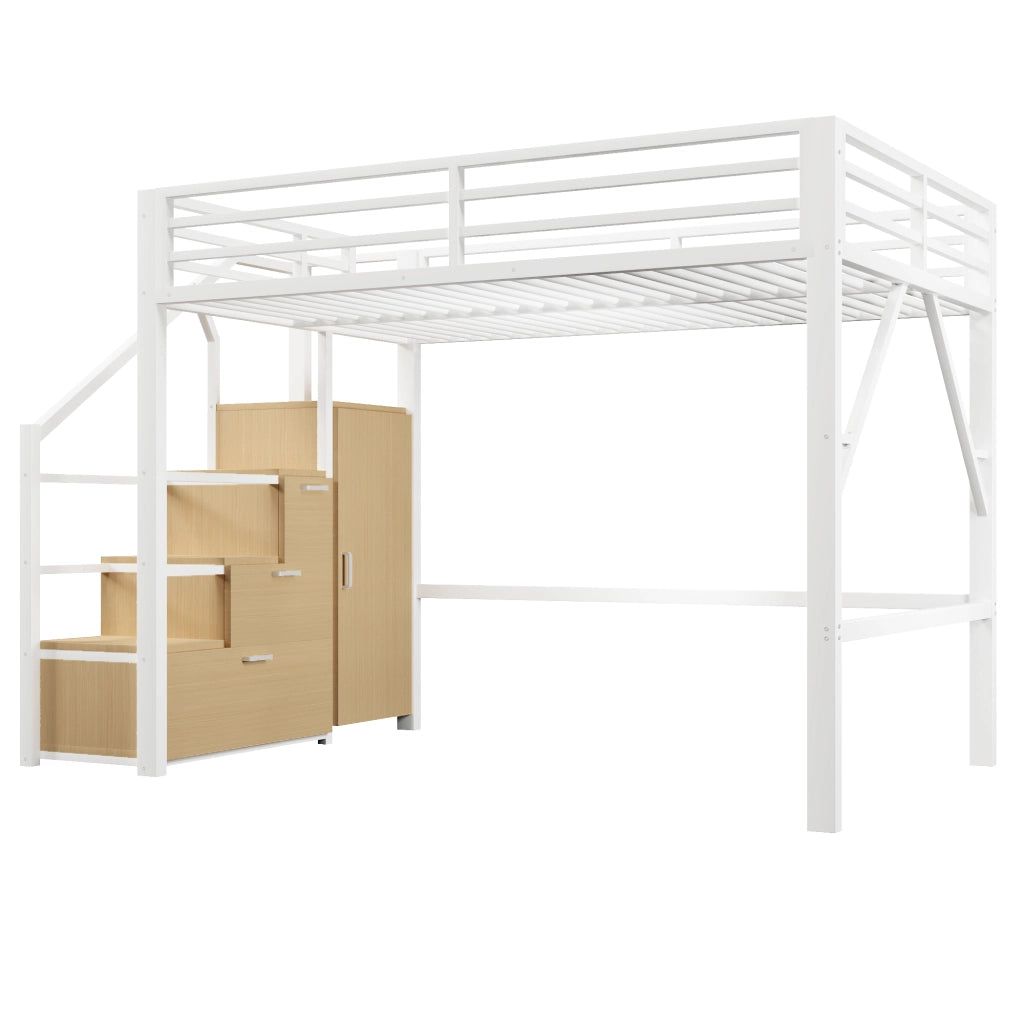 Letto a Soppalco 140x200 cm; con Contenitori; Armadio e LED; in Metallo e MDF; Bianco