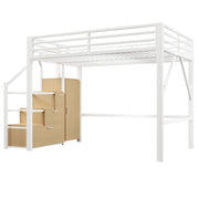 Letto a Soppalco 140x200 cm; con Contenitori; Armadio e LED; in Metallo e MDF; Bianco