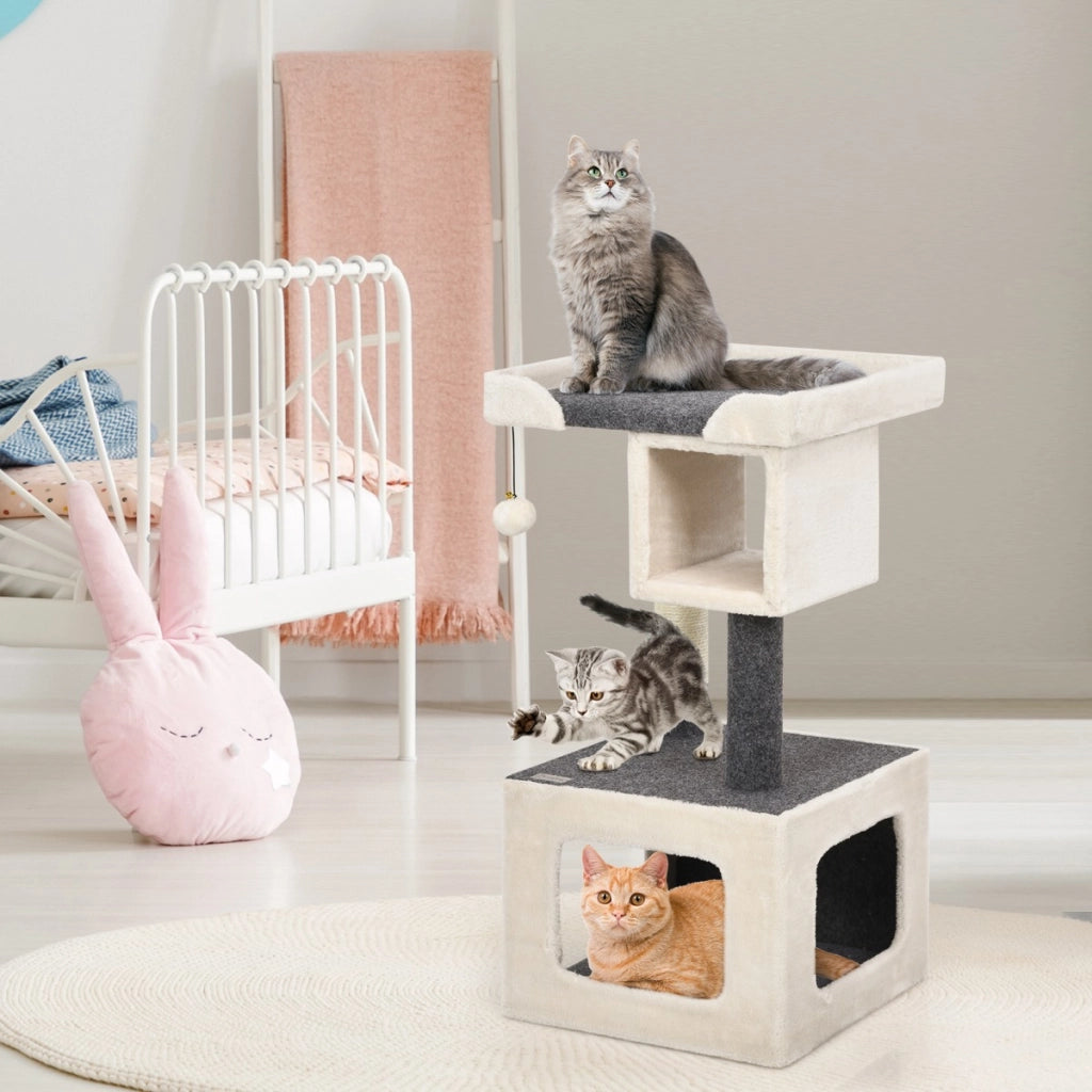 Albero per gatti con tiragraffi e pallina felpata, Centro attivit¨¤ interno per gattini per giocare Beige e grigio-Alberi Tiragraffi