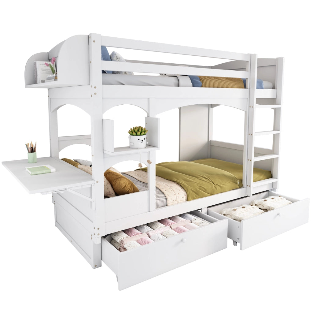 Letto a castello per bambini 90x200 cm in legno massello e MDF bianco con scrivania pieghevole e 2 cassetti